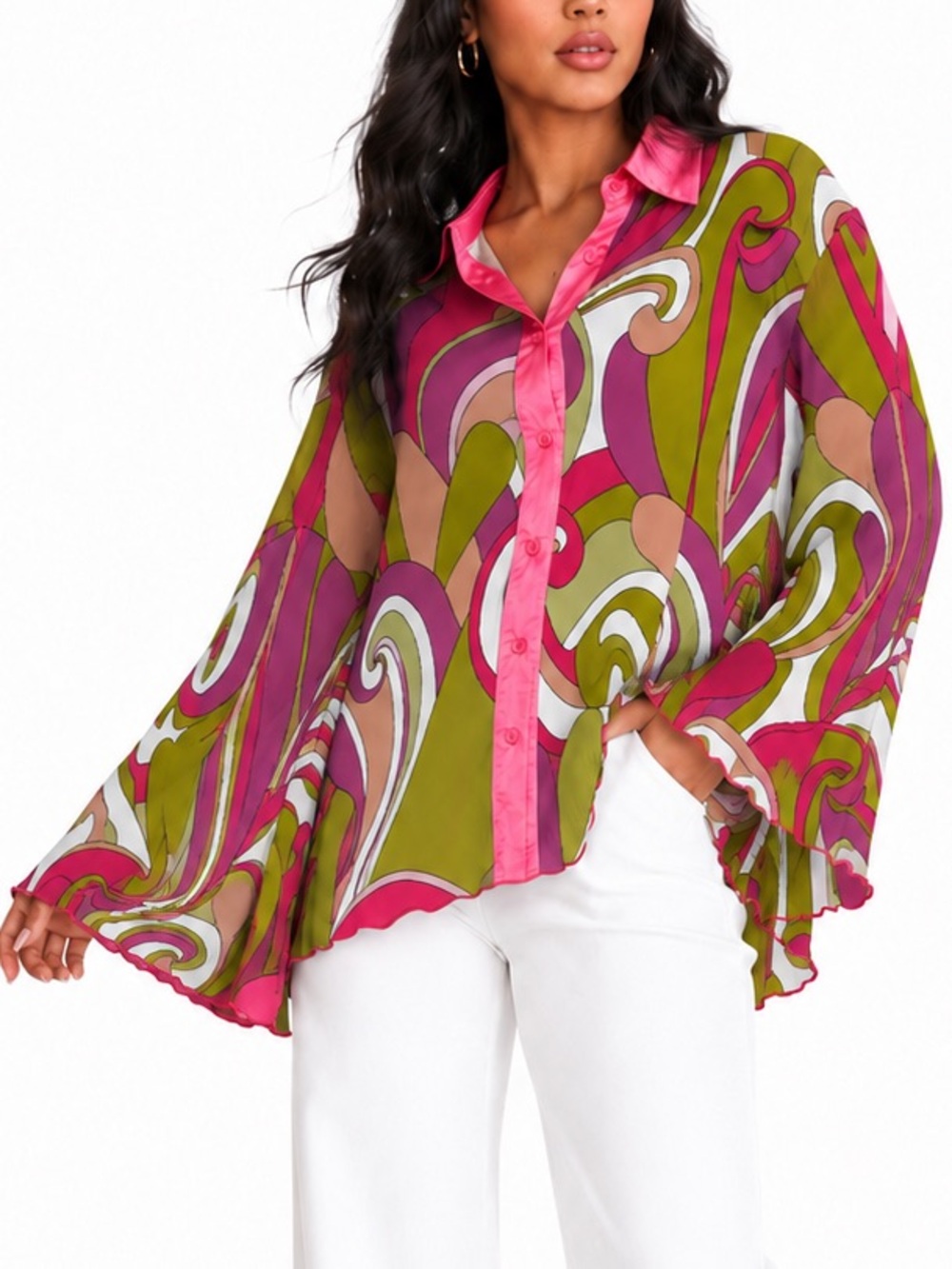 Abstract Print Button-Up Blouse in Pink & Green